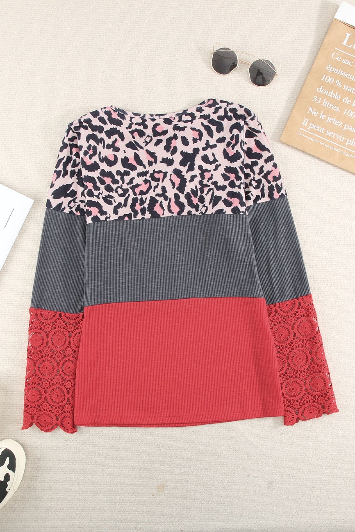 Lace Splicing Hollow-Out Leopard Color Block Top