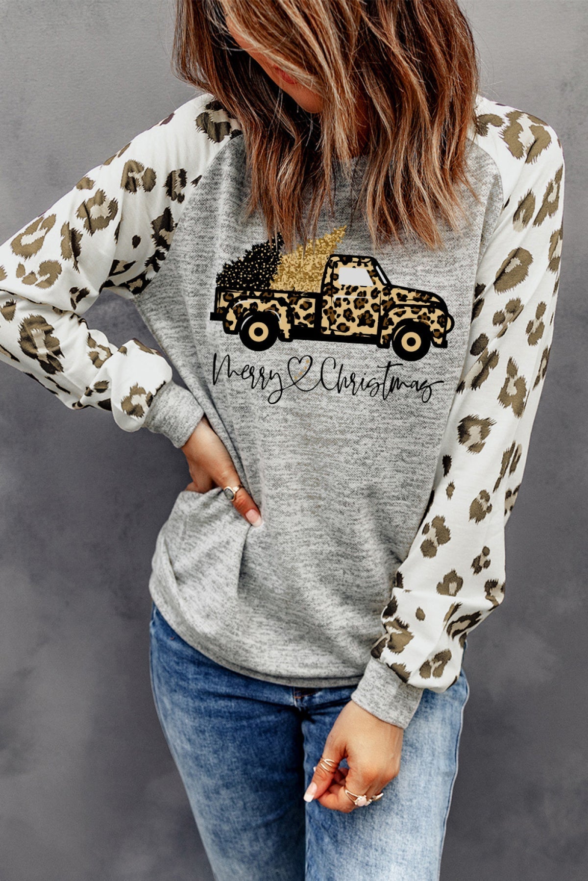 Gray Christmas In Transit Contrast Leopard Sleeve Top