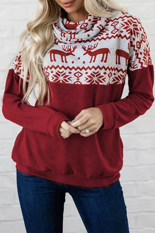 Red Black/Burgundy/Green Christmas Elk Print Cowl Neck Knit Top