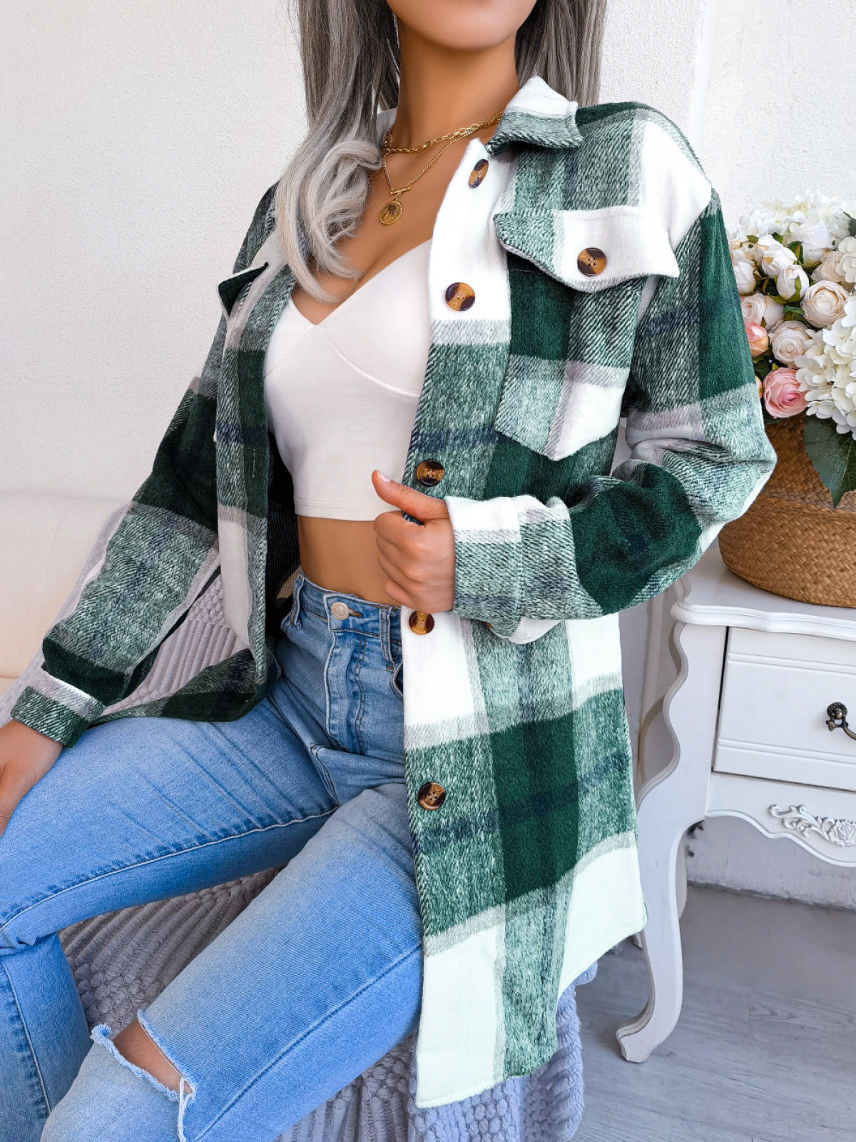 Plaid Button Down Woolen Coat with Belt