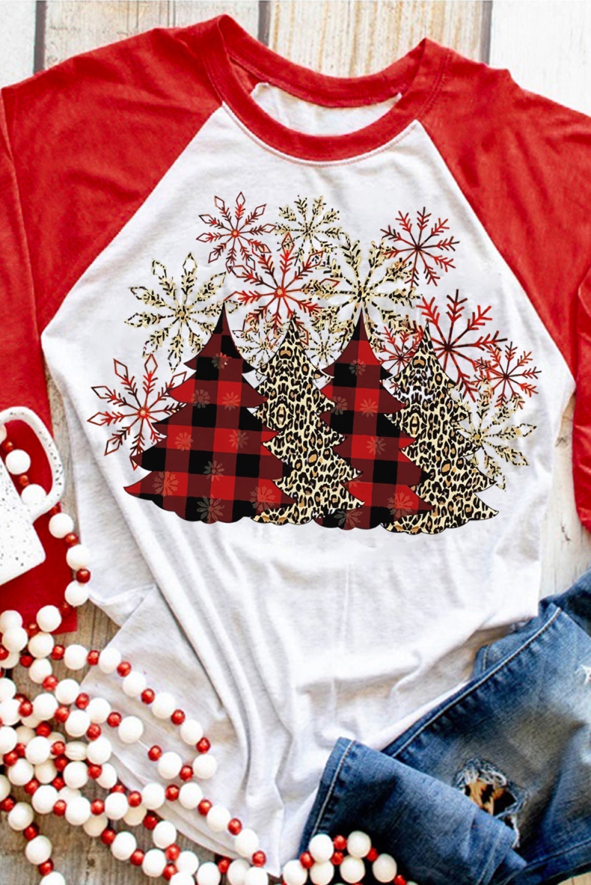 Red Christmas Tree Snowflake Print Color Block Top