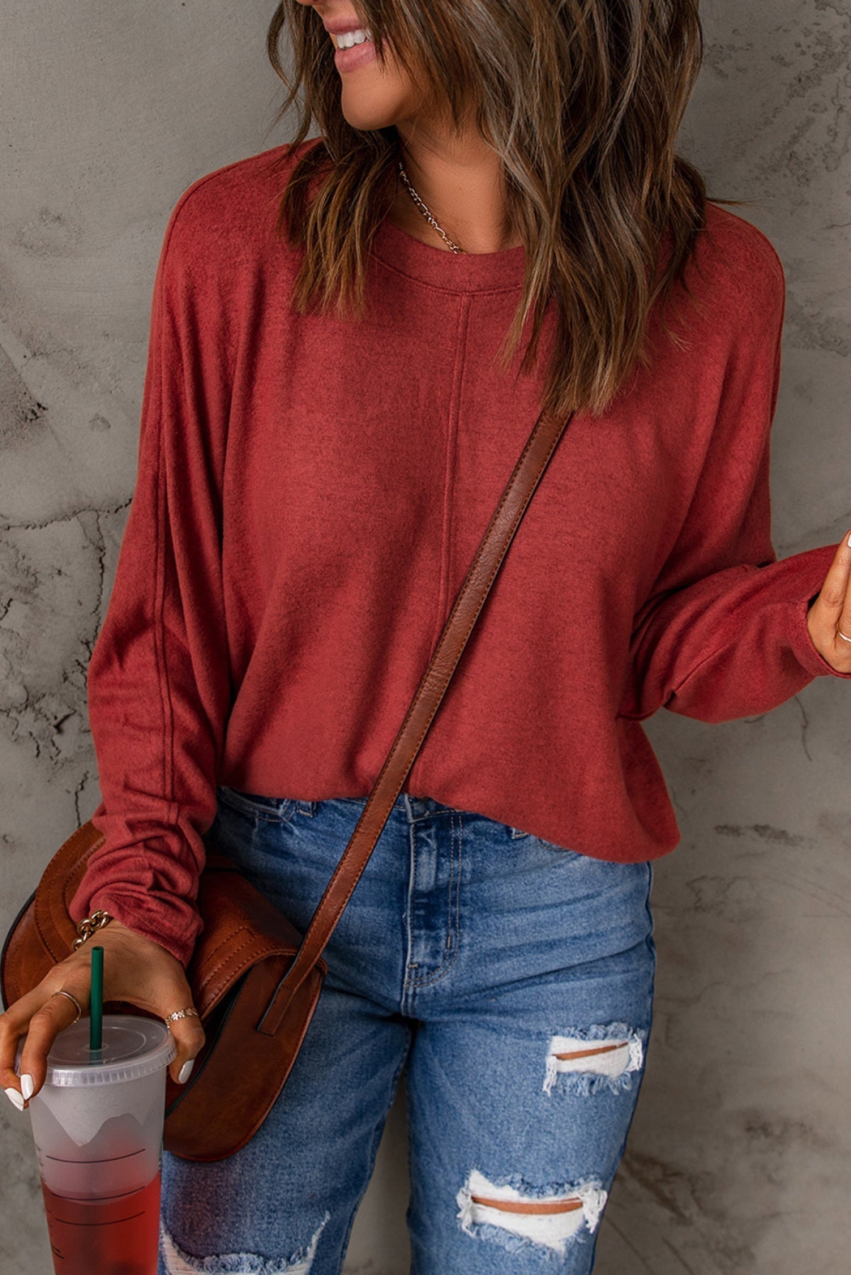 Red Solid Color Patchwork Long Sleeve Top