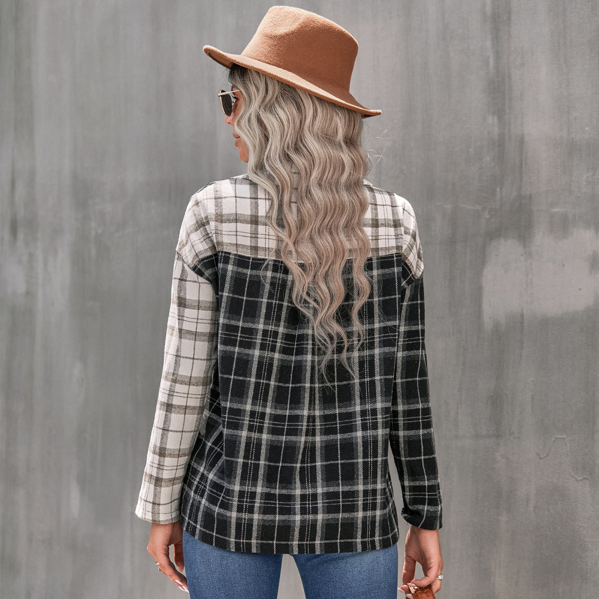 Plaid Color Block Button Up Long Sleeve Shirt