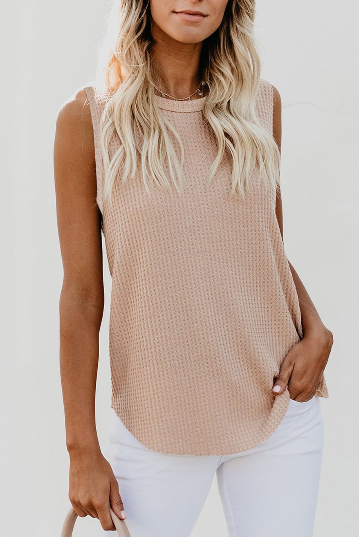 Apricot Crew Neck Waffle Tank Top