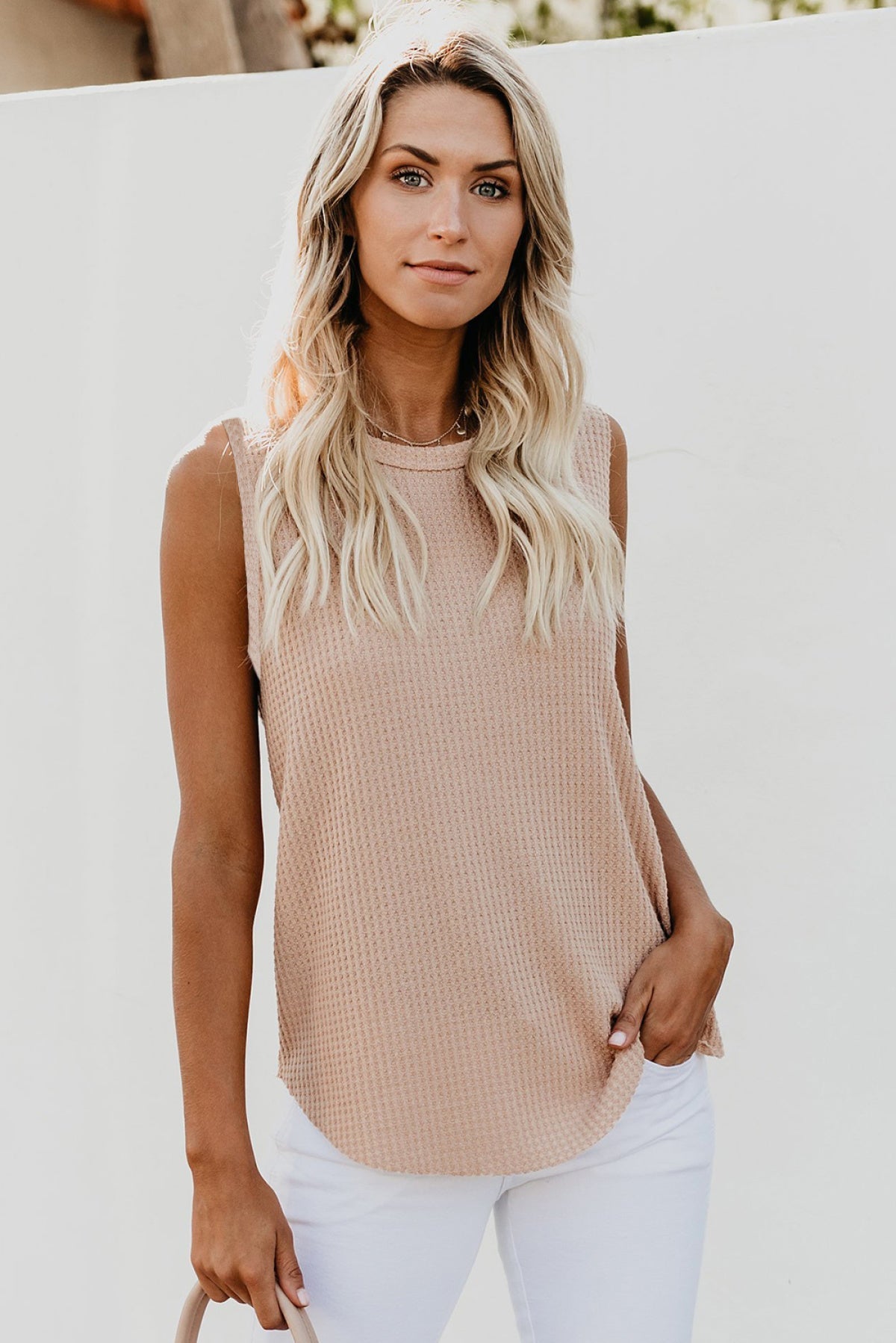 Apricot Crew Neck Waffle Tank Top