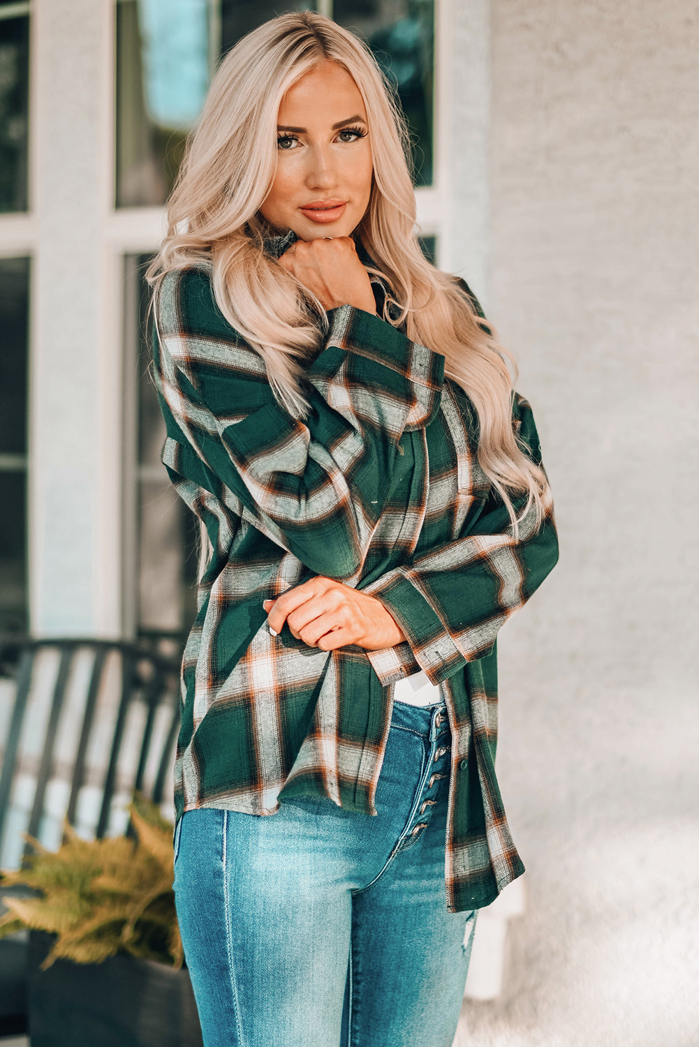 Drop Shoulder Plaid Buttons Shirt