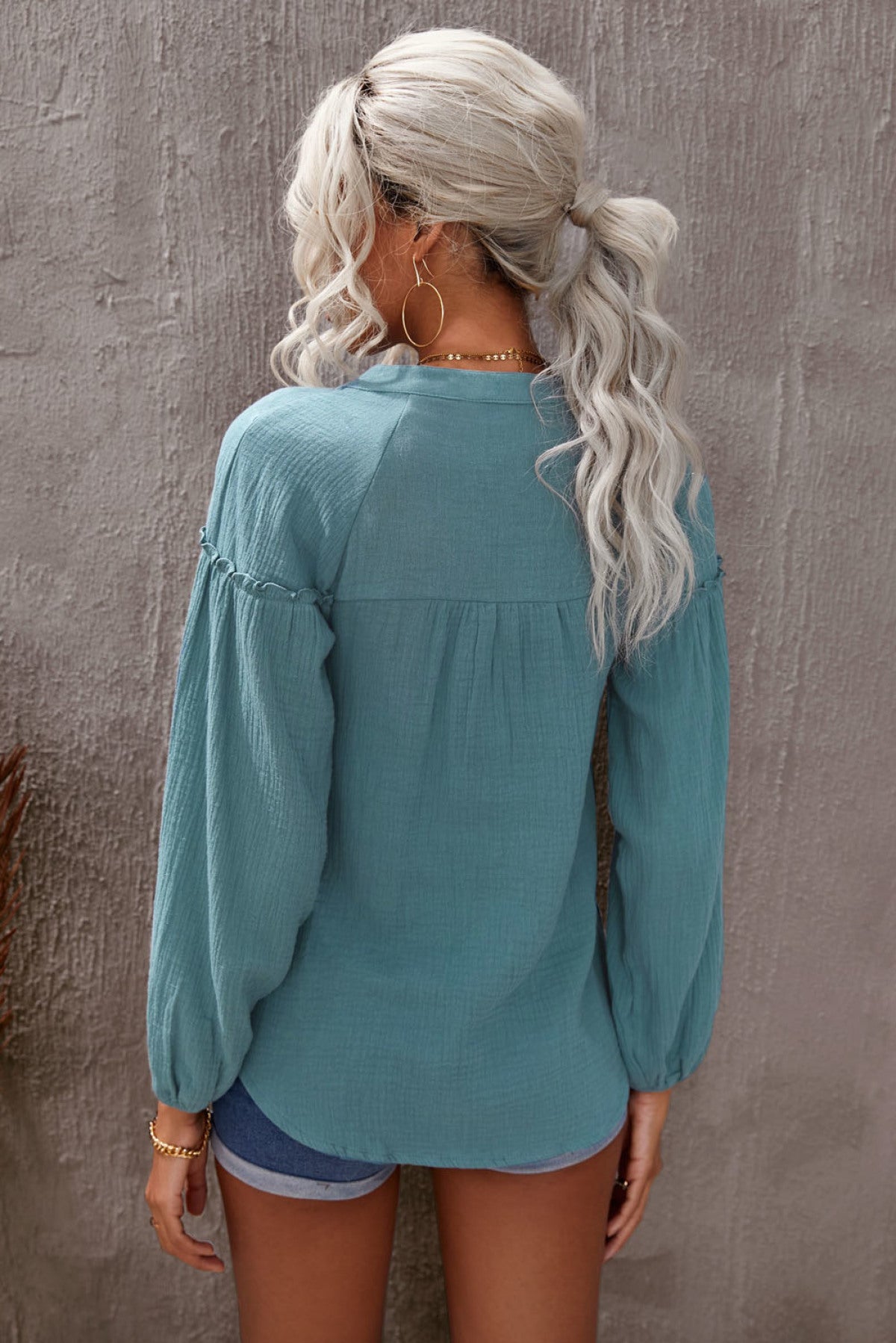 Casual Balloon Sleeve Crinkled Top