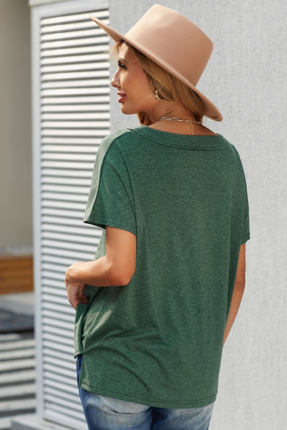 Oversized Mineral Wash Cotton Blend V Neck Short Sleeves Top