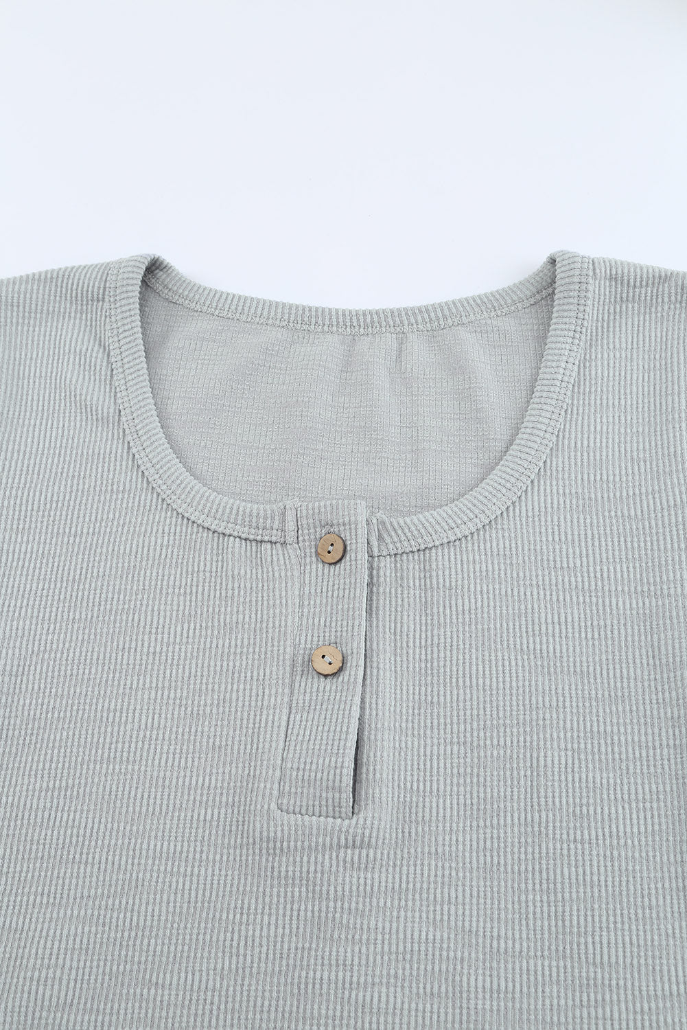 Crewneck Buttons Ribbed Knit Long Sleeve Top