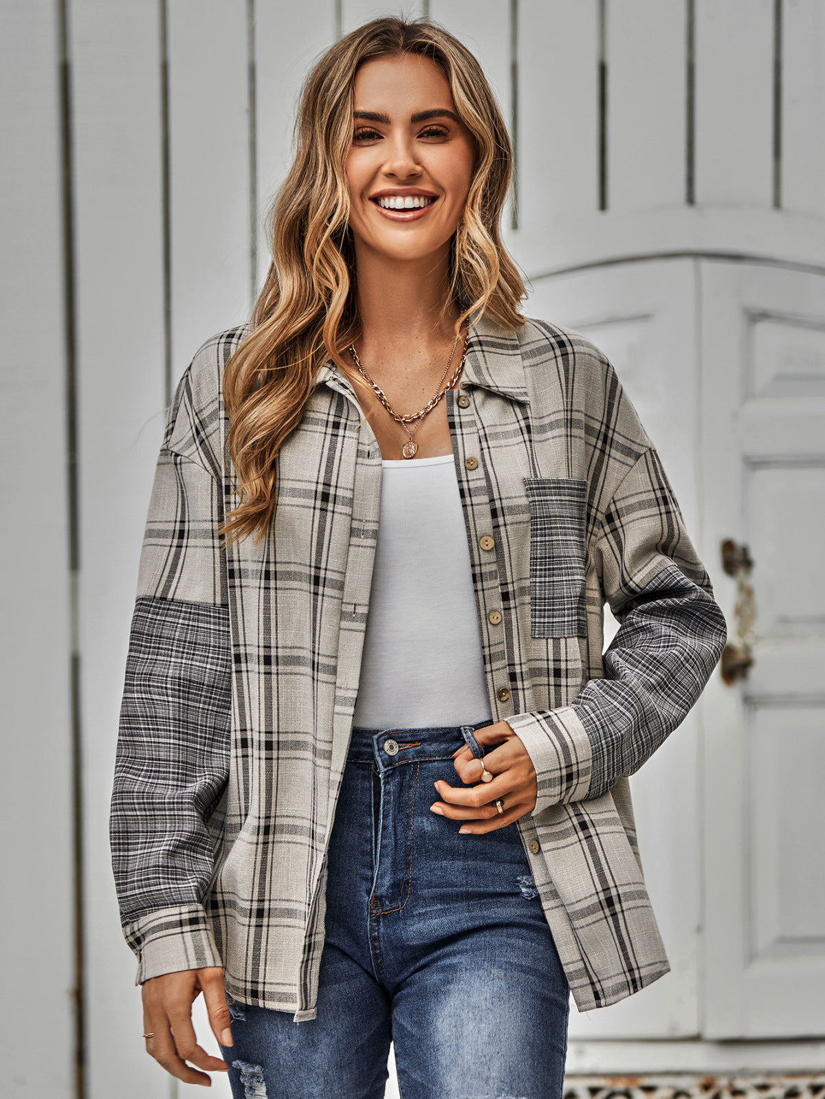 Collared Neck Long Sleeve Colorblock Plaid Blouse