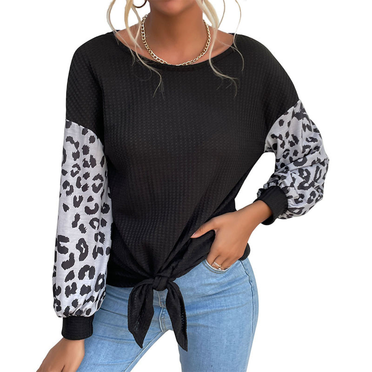 Round Neck Leopard Lantern Sleeve Tie Front Blouse