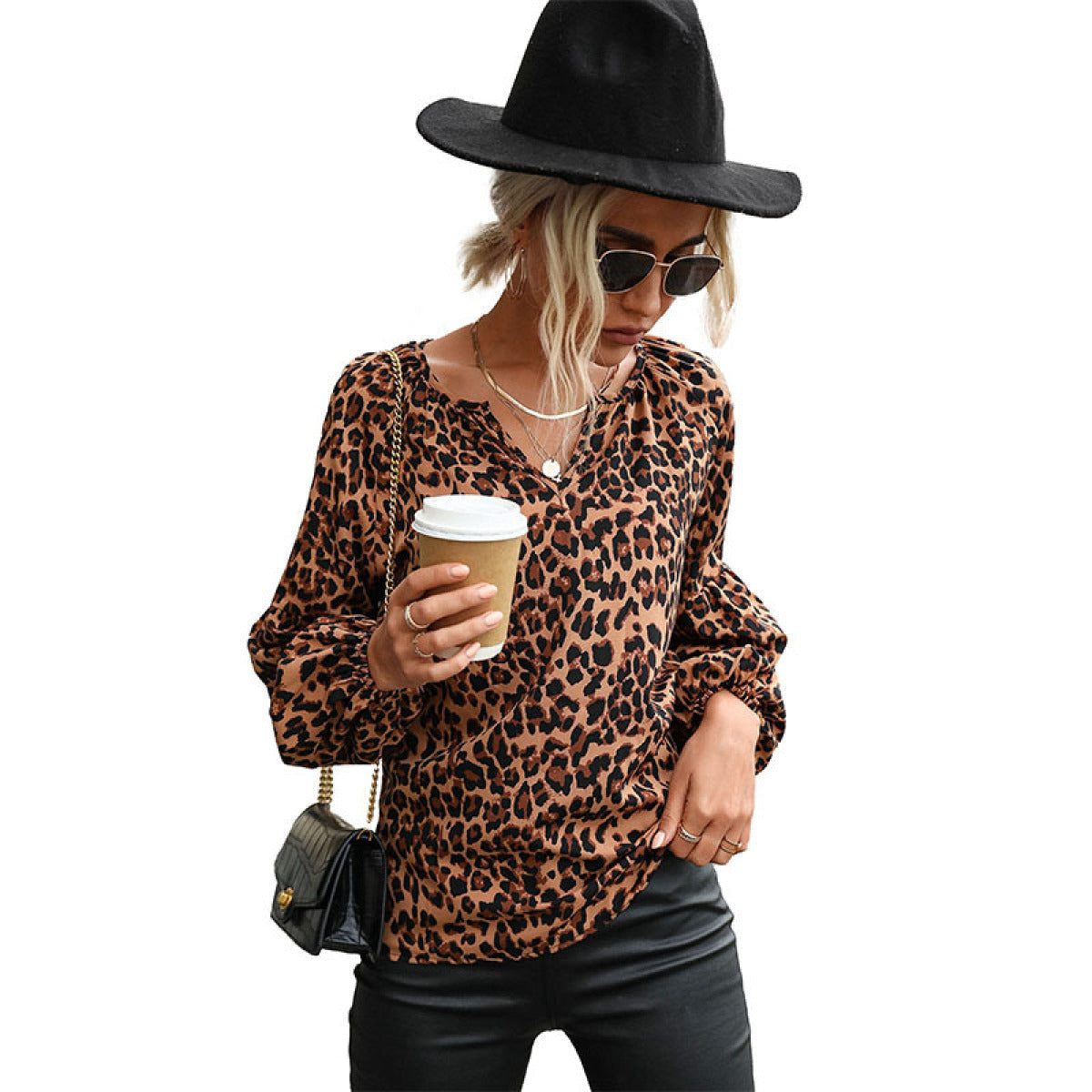 Pullover Leopard Print Long-Sleeved V-Neck Blouses