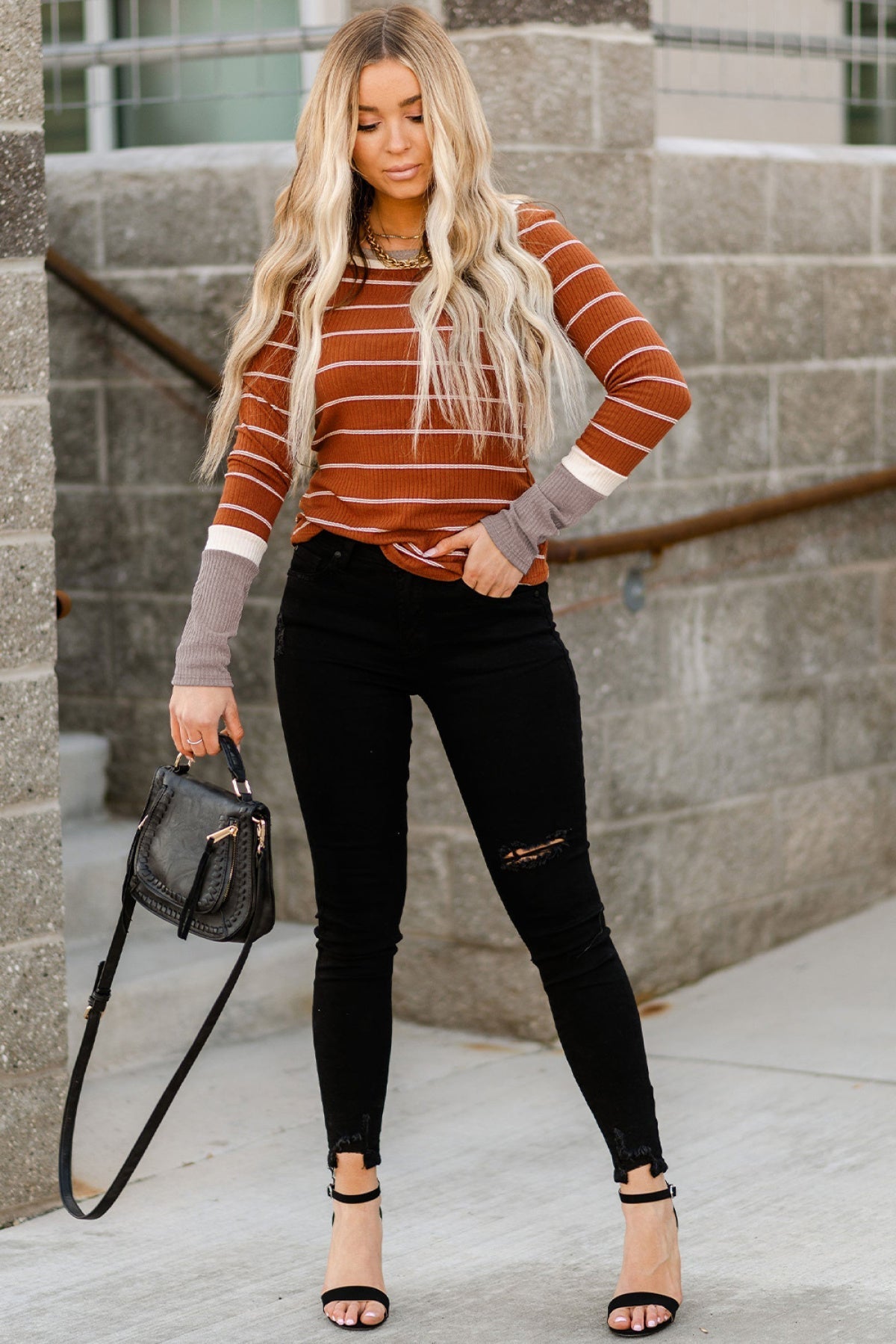 Extend Color Block Cuffs Rib Knit Striped Pullover