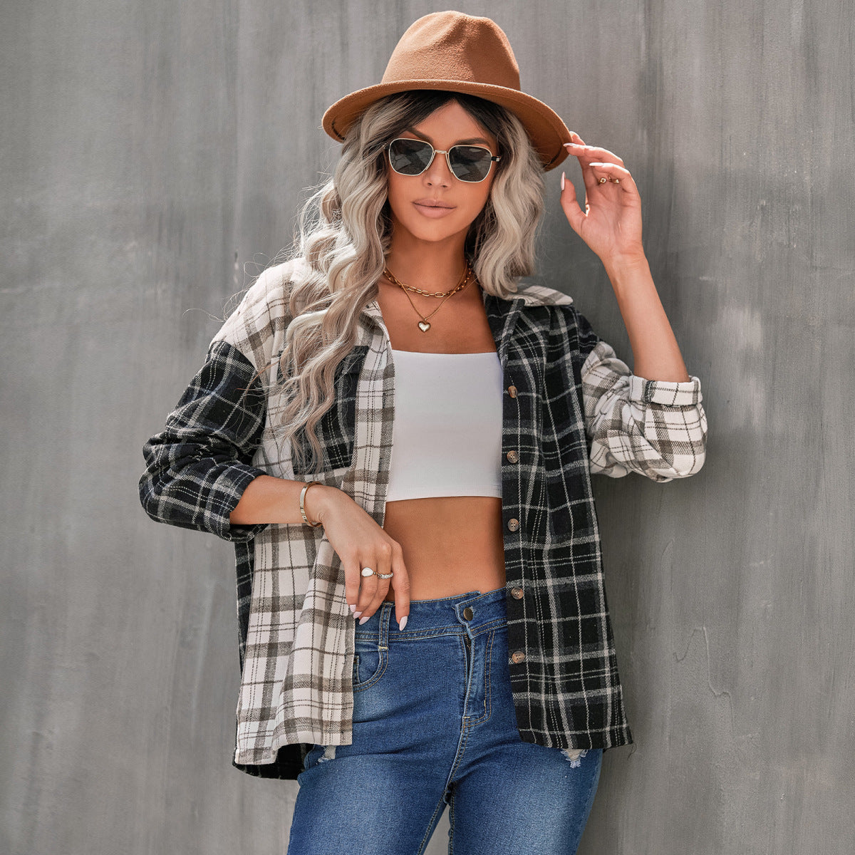 Plaid Color Block Button Up Long Sleeve Shirt