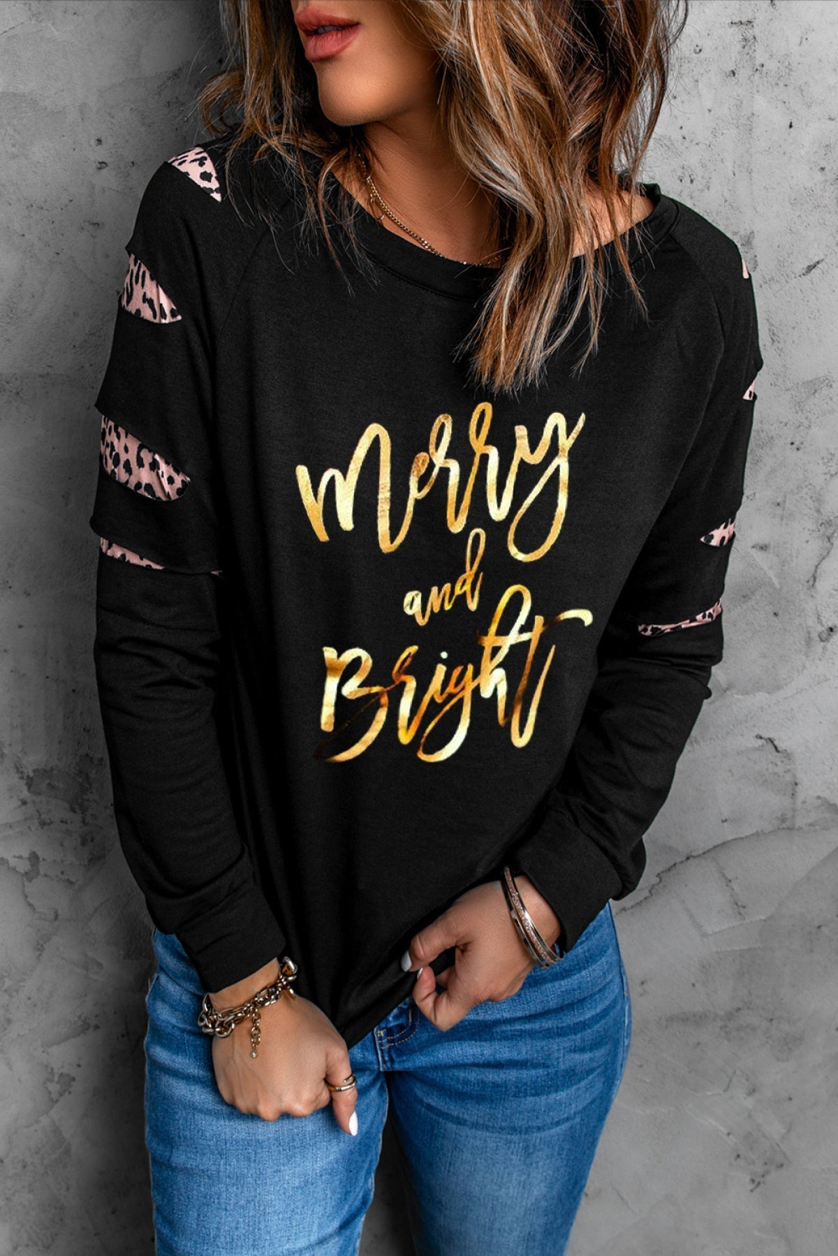 Black Leopard Ripped Sleeves Graphic Sweatshirt