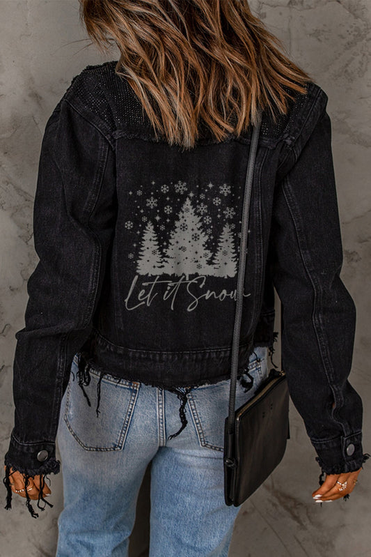 Black Let It Snow Graphic Print Rhinestone Distressed Denim Jackets