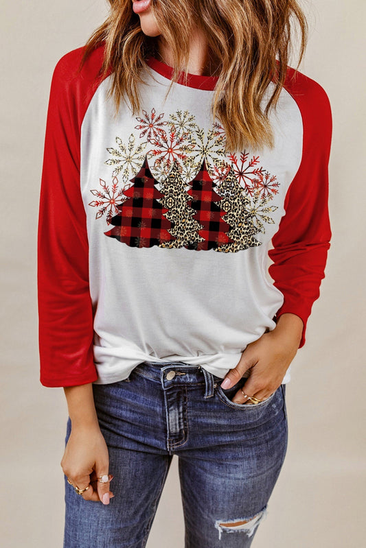 Red Christmas Tree Snowflake Print Color Block Top