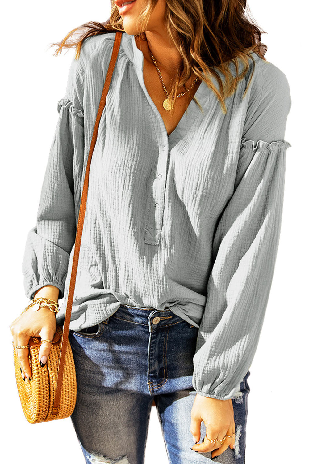 Casual Balloon Sleeve Crinkled Top