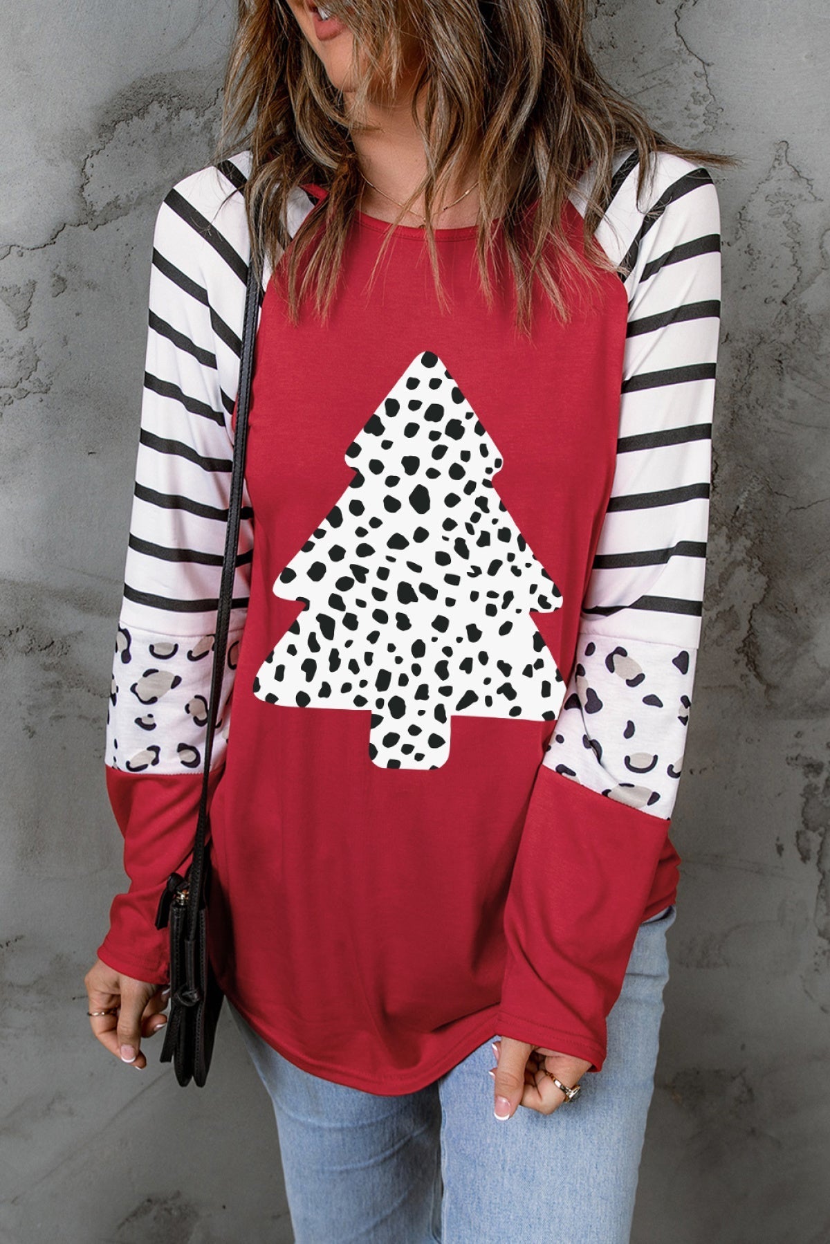 Red Leopard Christmas Tree Striped Color Block Long Sleeve Top