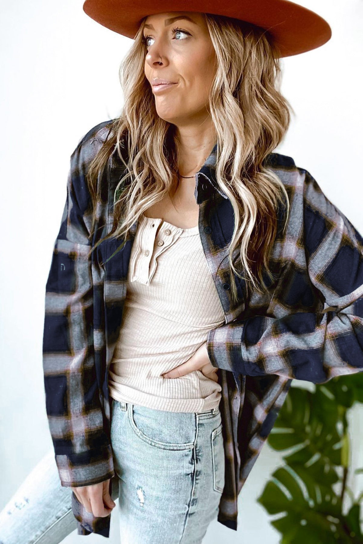 Drop Shoulder Plaid Buttons Shirt