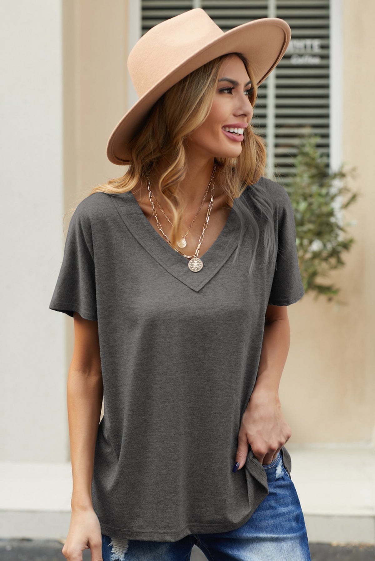 Oversized Mineral Wash Cotton Blend V Neck Short Sleeves Top