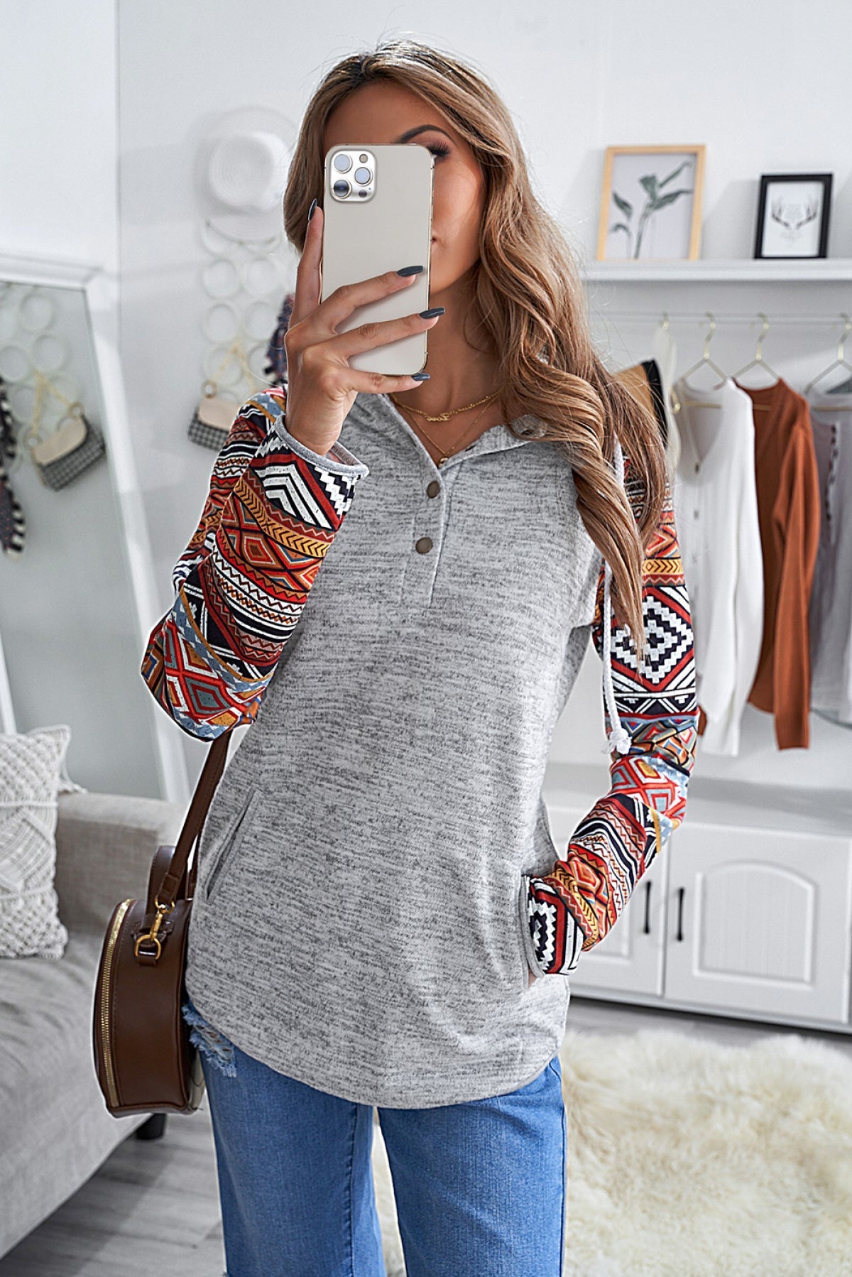 Tribal Print Long Sleeve Button Neckline Drawstring Hoodie