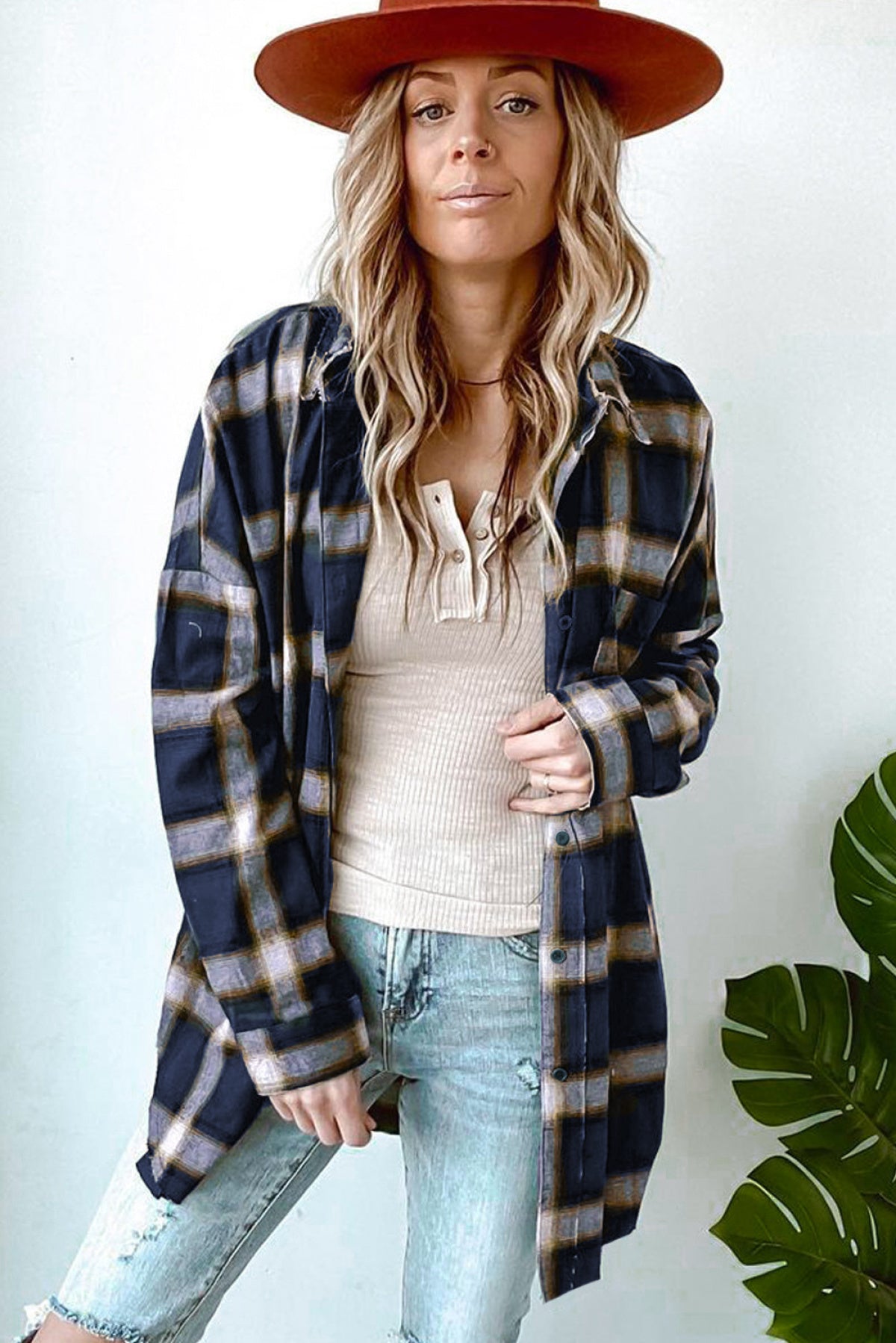 Drop Shoulder Plaid Buttons Shirt